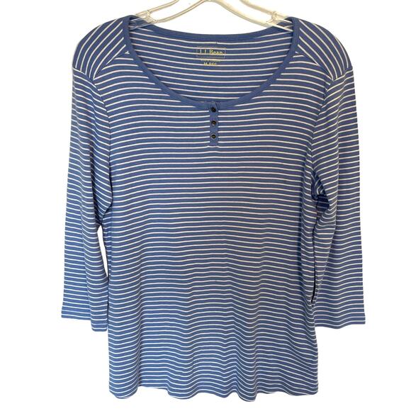 L.L. Bean Blue Striped Henley Tee Womens Medium Preppy Nautical Stretch Knit Top - Picture 1 of 7
